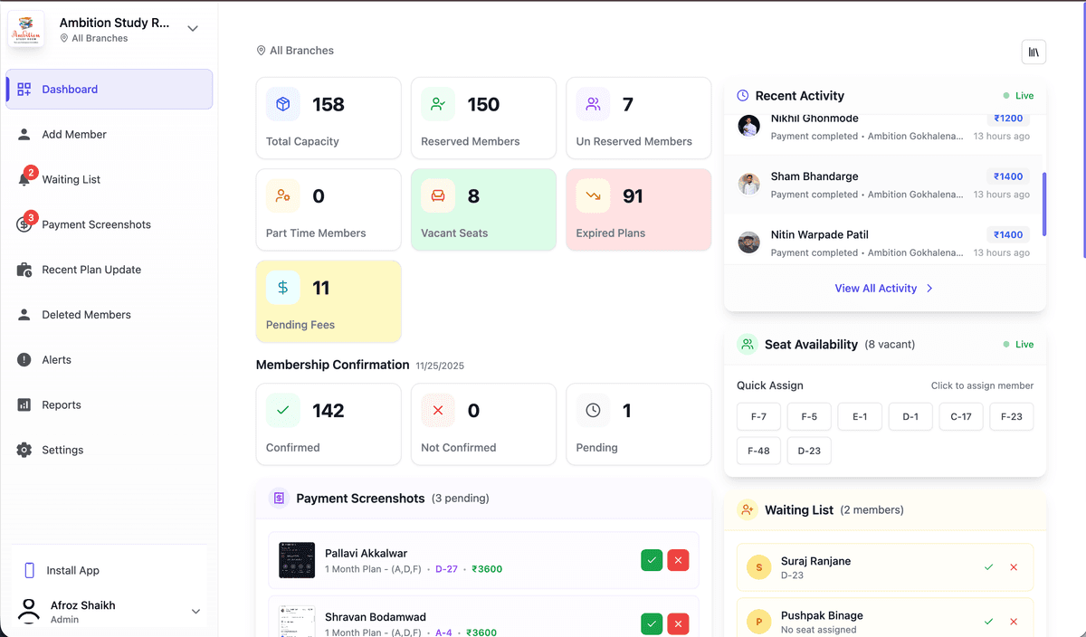 Abhyasika Dashboard - Study Room Management System